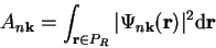 \begin{displaymath}
A_{n\mathbf{k}}=\int_{\mathbf{r}\in P_{R}}\vert\Psi_{n\mathbf{k}}(\mathbf{r})\vert^{2}\textrm{d}\mathbf{r}
\end{displaymath}